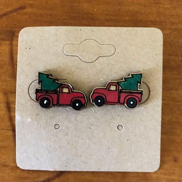 Red Truck Christmas Tree Stud Earrings - Hand Painted Wood, Hypoallergenic - Picture 1 of 4